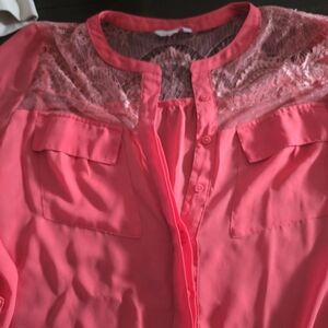 Candie's Coral Pink Lace Button Down Blouse
